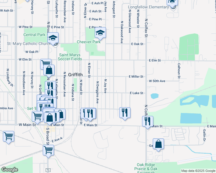 map of restaurants, bars, coffee shops, grocery stores, and more near 330 North Arbogast Street in Griffith
