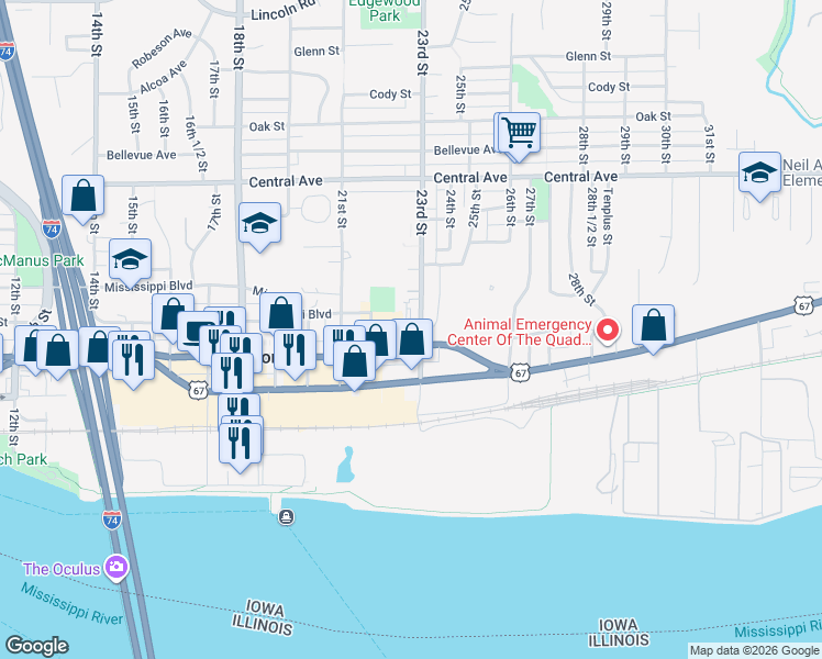map of restaurants, bars, coffee shops, grocery stores, and more near 2234 Mississippi Boulevard in Bettendorf