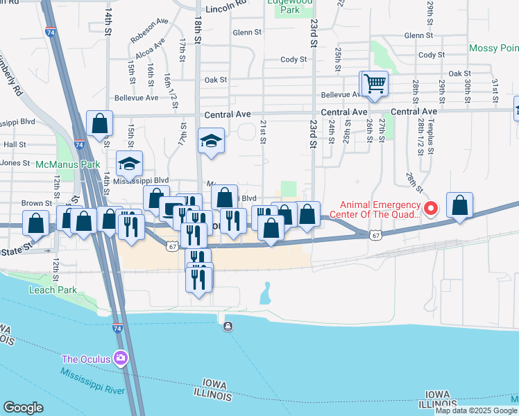 map of restaurants, bars, coffee shops, grocery stores, and more near 436 21st Street in Bettendorf