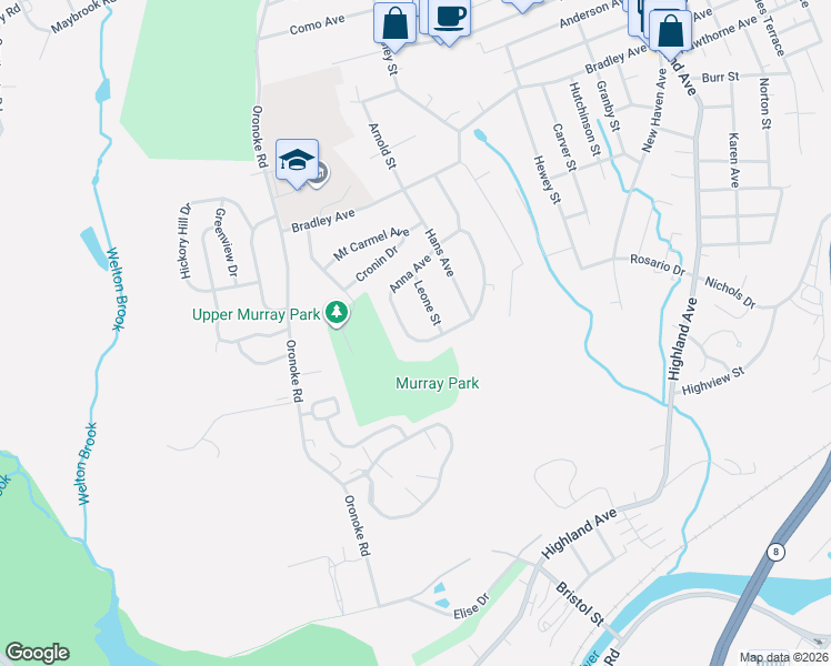 map of restaurants, bars, coffee shops, grocery stores, and more near 256 Anna Avenue in Waterbury