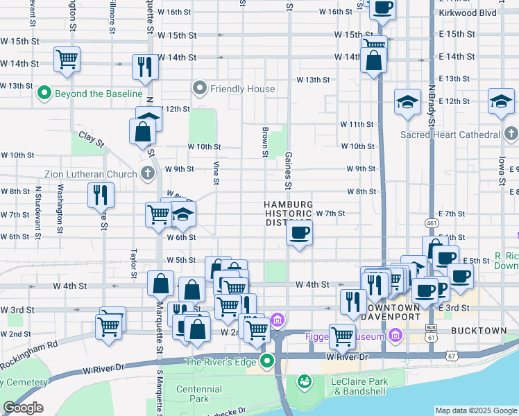 map of restaurants, bars, coffee shops, grocery stores, and more near 823 West 8th Street in Davenport