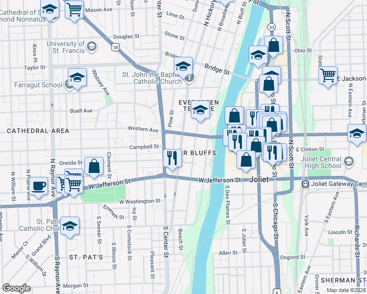 map of restaurants, bars, coffee shops, grocery stores, and more near 220 North Hickory Street in Joliet
