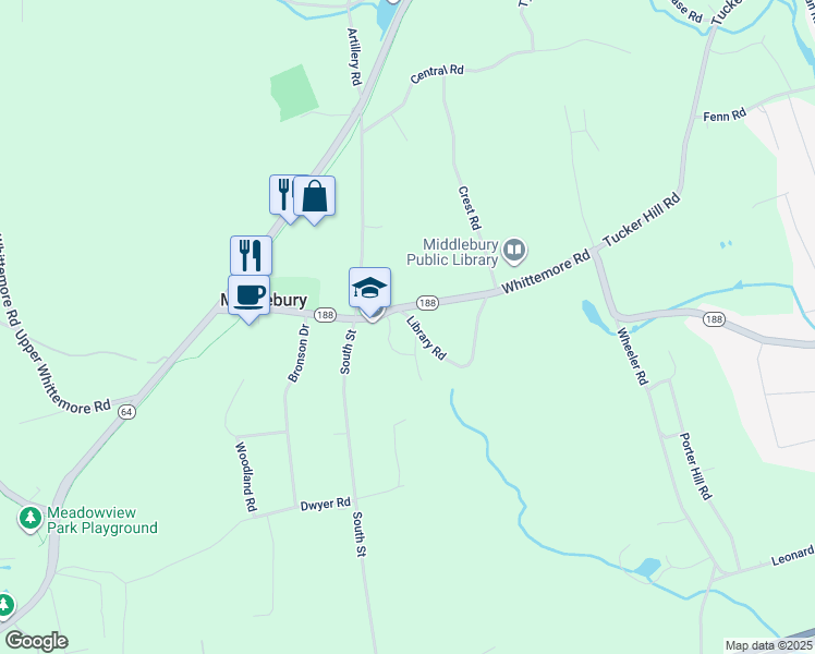 map of restaurants, bars, coffee shops, grocery stores, and more near 4 Library Road in Middlebury