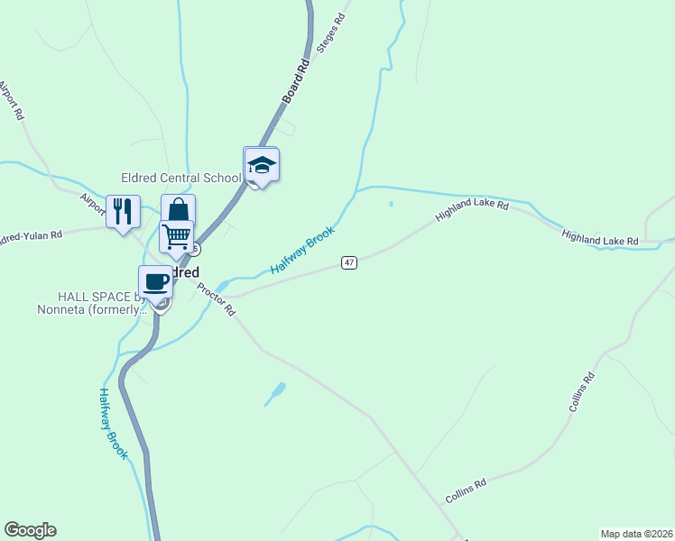 map of restaurants, bars, coffee shops, grocery stores, and more near 30 Highland Lake Road in Eldred