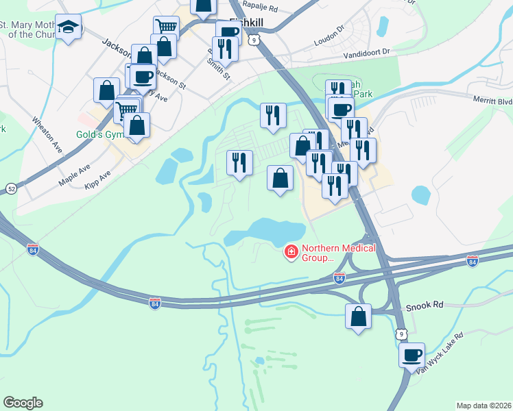 map of restaurants, bars, coffee shops, grocery stores, and more near 843 Regency Drive in Fishkill