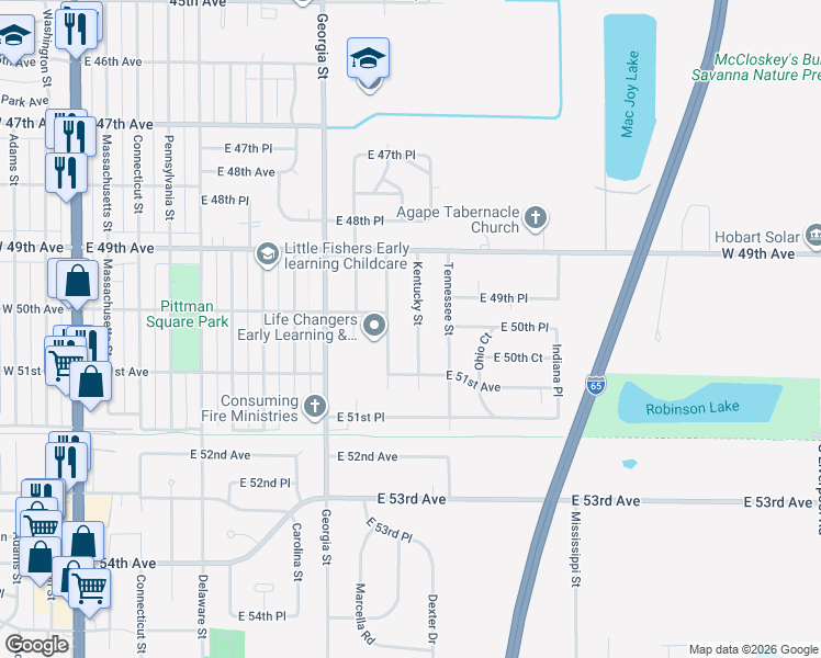 map of restaurants, bars, coffee shops, grocery stores, and more near 4995 Kentucky Street in Gary