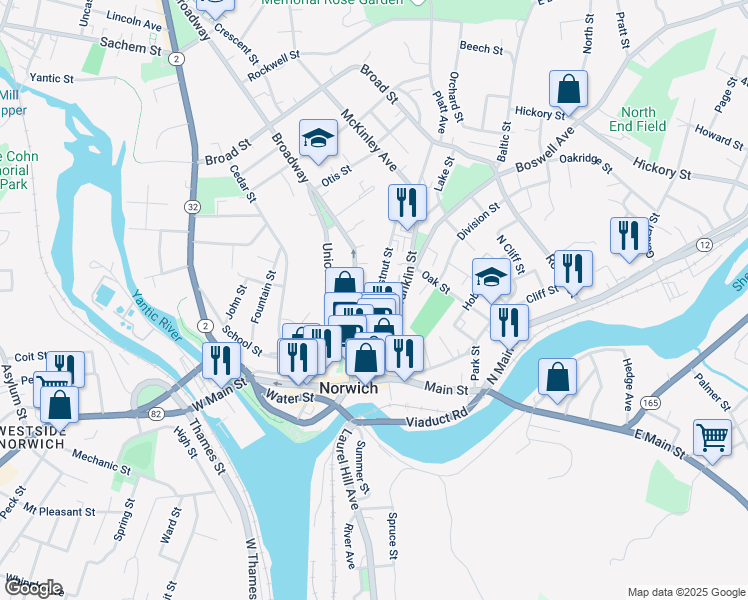 map of restaurants, bars, coffee shops, grocery stores, and more near 64 Chestnut Street in Norwich