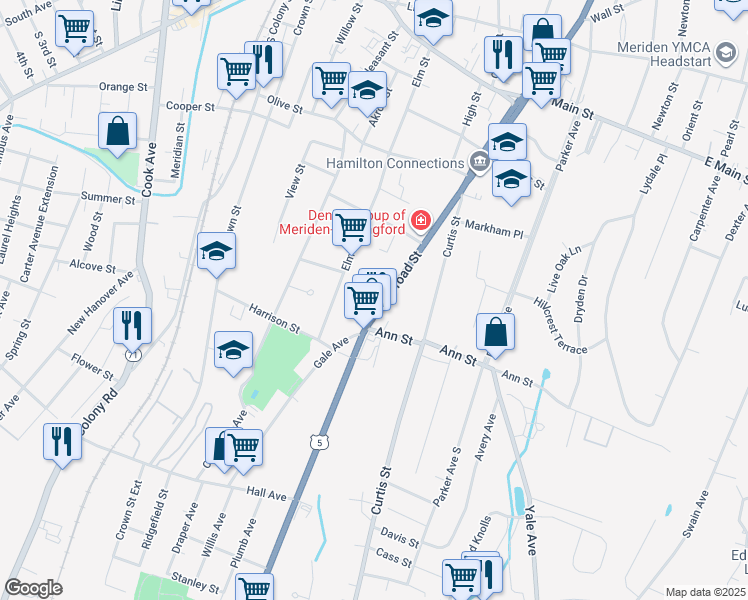 map of restaurants, bars, coffee shops, grocery stores, and more near 294 Elm Street in Meriden