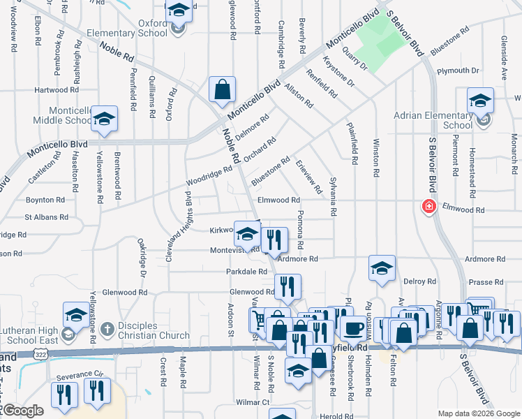 map of restaurants, bars, coffee shops, grocery stores, and more near 2715 Noble Road in Cleveland Heights