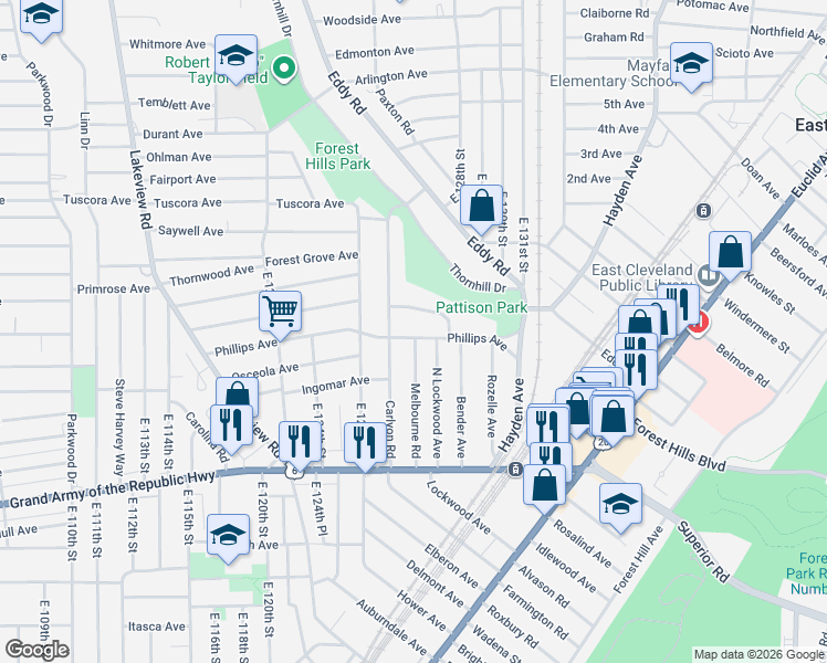 map of restaurants, bars, coffee shops, grocery stores, and more near 12716 Speedway Overlook in East Cleveland