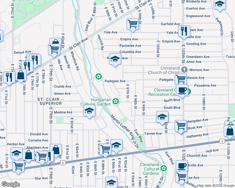 map of restaurants, bars, coffee shops, grocery stores, and more near 1079 Parkside Road in Cleveland