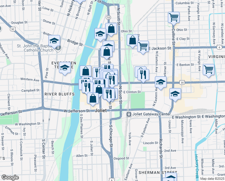 map of restaurants, bars, coffee shops, grocery stores, and more near 164 North Chicago Street in Joliet