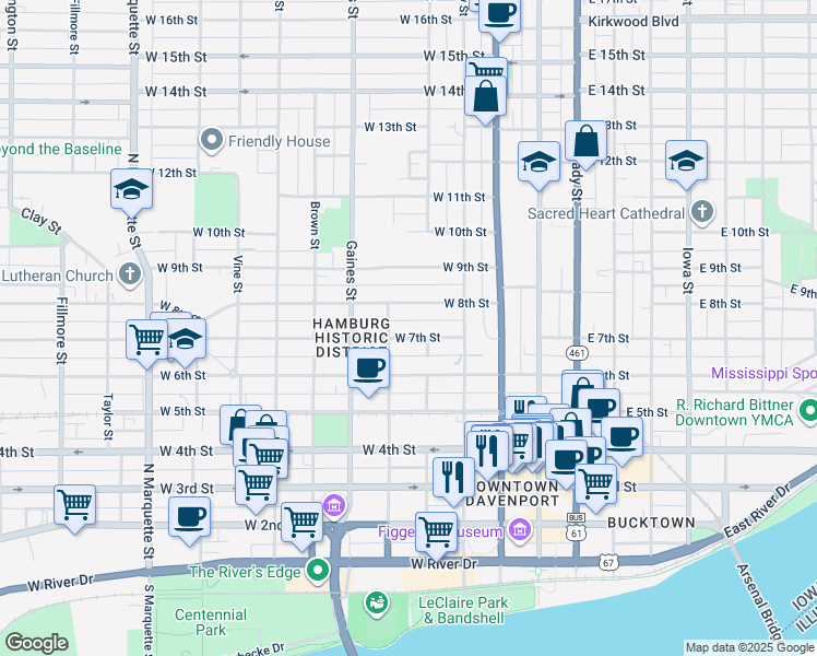 map of restaurants, bars, coffee shops, grocery stores, and more near 513 West 8th Street in Davenport