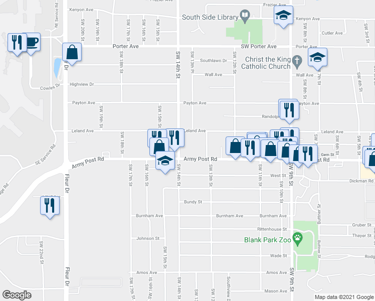 map of restaurants, bars, coffee shops, grocery stores, and more near 1325 Army Post Road in Des Moines