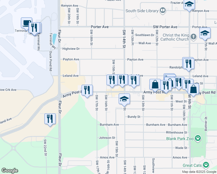 map of restaurants, bars, coffee shops, grocery stores, and more near 1601 Army Post Road in Des Moines