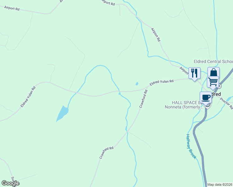 map of restaurants, bars, coffee shops, grocery stores, and more near 65 Eldred-Yulan Road in Eldred