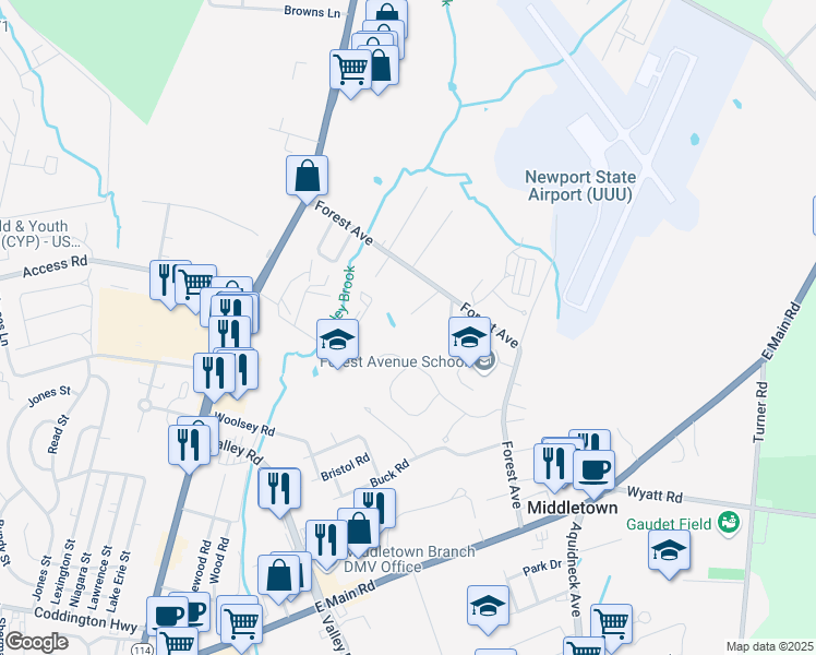 map of restaurants, bars, coffee shops, grocery stores, and more near 191 Forest Avenue in Middletown