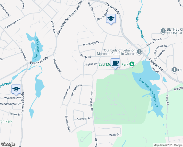 map of restaurants, bars, coffee shops, grocery stores, and more near 276 East Mountain Road in Waterbury