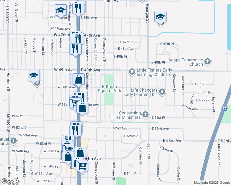 map of restaurants, bars, coffee shops, grocery stores, and more near 5025 Delaware Street in Gary