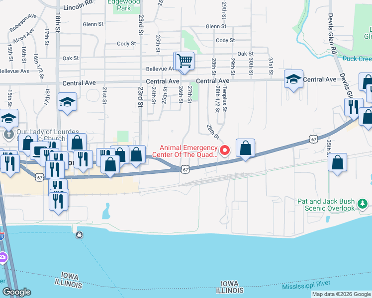 map of restaurants, bars, coffee shops, grocery stores, and more near 519 26th Street in Bettendorf