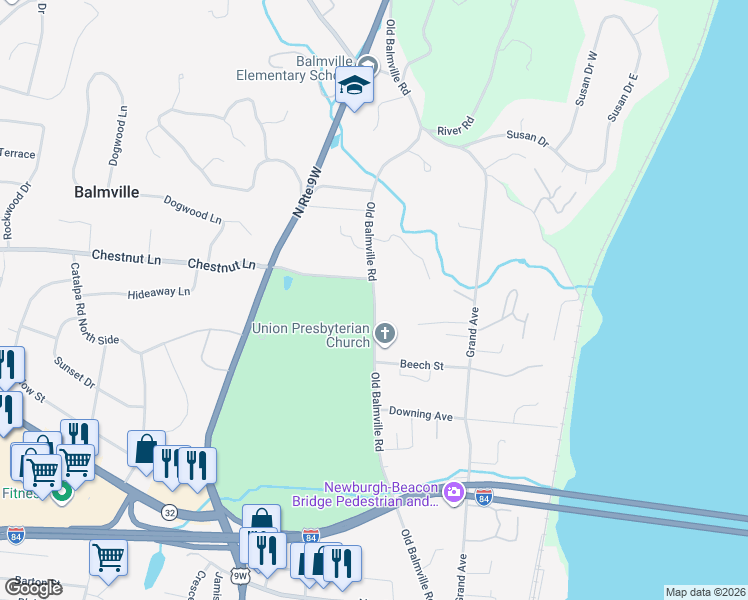 map of restaurants, bars, coffee shops, grocery stores, and more near Balmville Rd in Newburgh