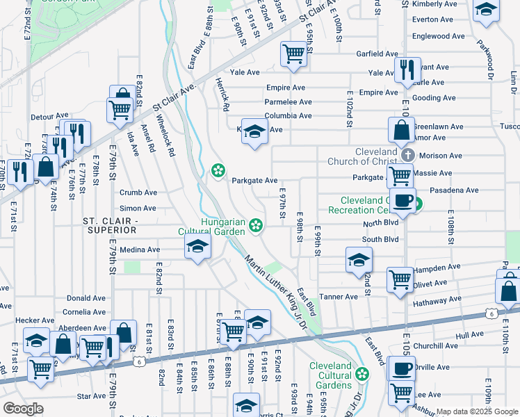 map of restaurants, bars, coffee shops, grocery stores, and more near 1079 Parkside Road in Cleveland