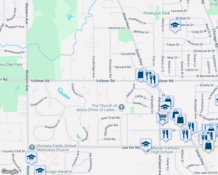 map of restaurants, bars, coffee shops, grocery stores, and more near 272 Shea Drive in Flossmoor