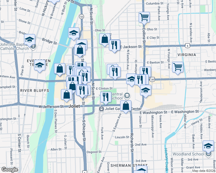 map of restaurants, bars, coffee shops, grocery stores, and more near 109 East Clinton Street in Joliet