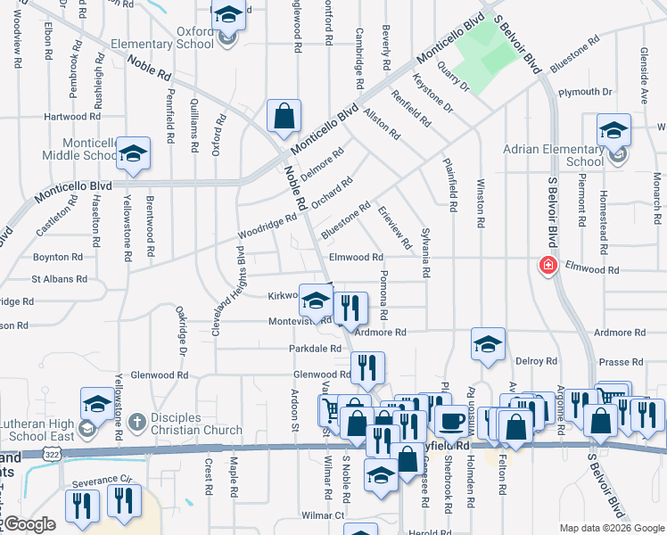 map of restaurants, bars, coffee shops, grocery stores, and more near 2715 Noble Road in Cleveland Heights