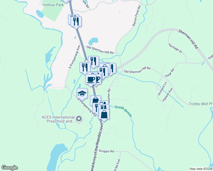 map of restaurants, bars, coffee shops, grocery stores, and more near 20 Sherman Hill Road in Woodbury