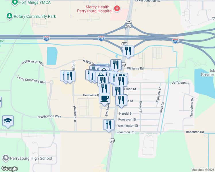 map of restaurants, bars, coffee shops, grocery stores, and more near 3201 Levis Commons Boulevard in Perrysburg