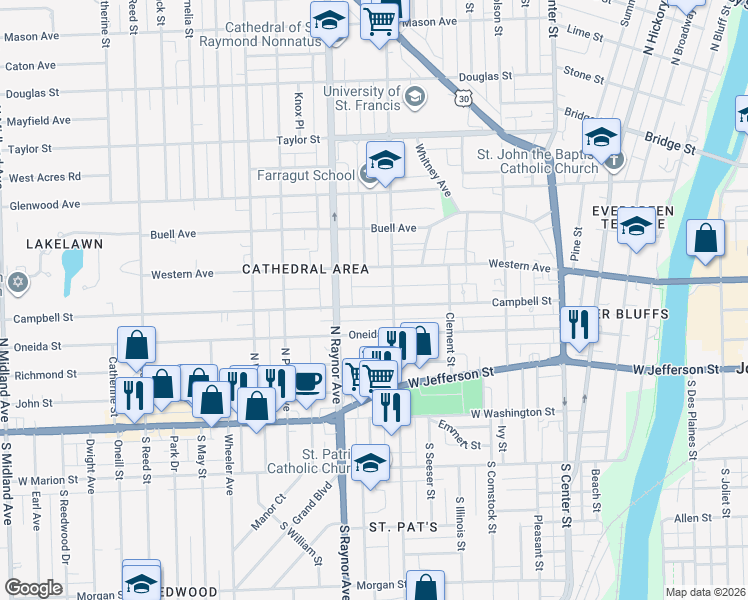 map of restaurants, bars, coffee shops, grocery stores, and more near 707 Campbell Street in Joliet