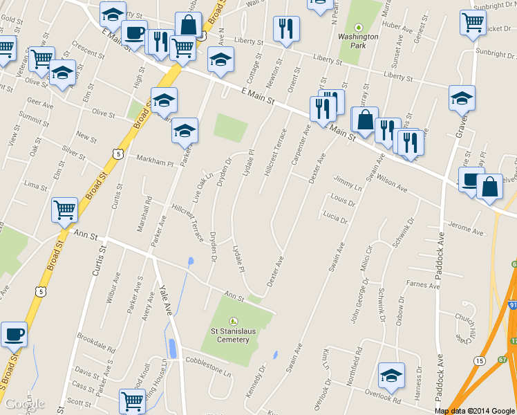 map of restaurants, bars, coffee shops, grocery stores, and more near 158 Hillcrest Terrace in Meriden