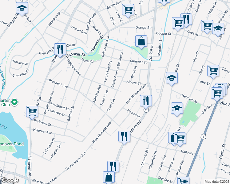 map of restaurants, bars, coffee shops, grocery stores, and more near 182 Spring Street in Meriden