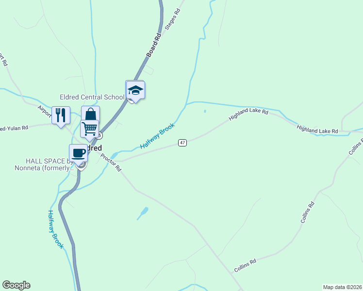 map of restaurants, bars, coffee shops, grocery stores, and more near 30 Highland Lake Road in Eldred