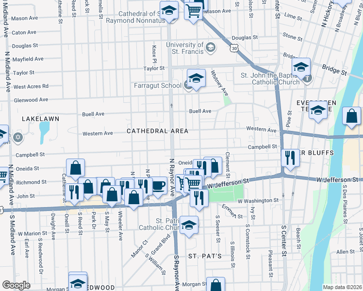 map of restaurants, bars, coffee shops, grocery stores, and more near 717 Campbell Street in Joliet