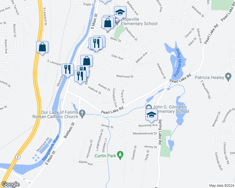 map of restaurants, bars, coffee shops, grocery stores, and more near 168 Kelsey Street in Waterbury