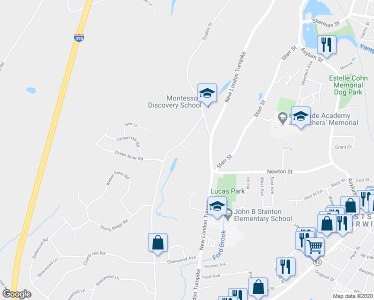 map of restaurants, bars, coffee shops, grocery stores, and more near 2 Balawender Drive in Norwich
