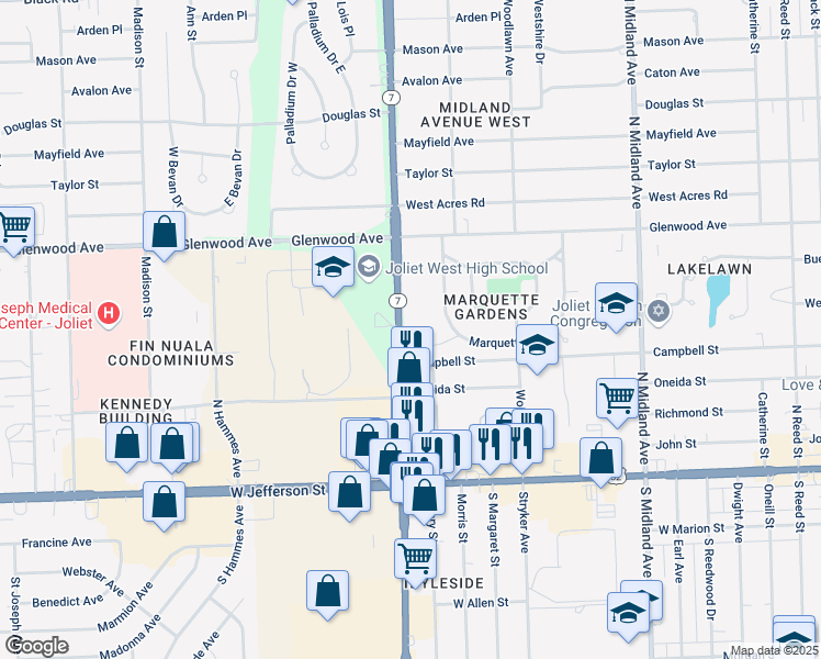 map of restaurants, bars, coffee shops, grocery stores, and more near 220 North Larkin Avenue in Joliet