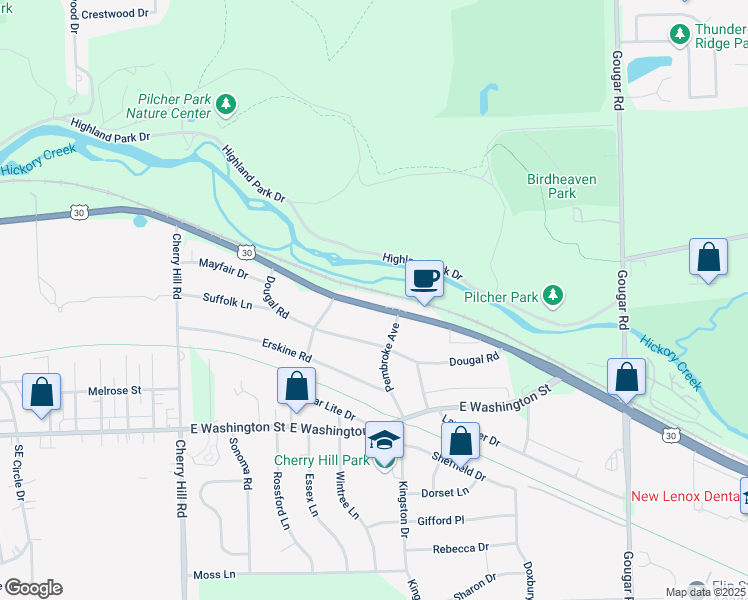 map of restaurants, bars, coffee shops, grocery stores, and more near 2515 East Cass Street in Joliet
