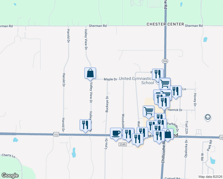 map of restaurants, bars, coffee shops, grocery stores, and more near 12570 Woodside Drive in Chesterland
