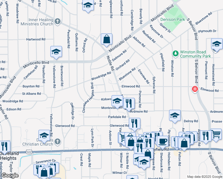 map of restaurants, bars, coffee shops, grocery stores, and more near 3861 Summit Park Road in Cleveland Heights