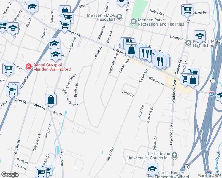 map of restaurants, bars, coffee shops, grocery stores, and more near 133 Dexter Avenue in Meriden