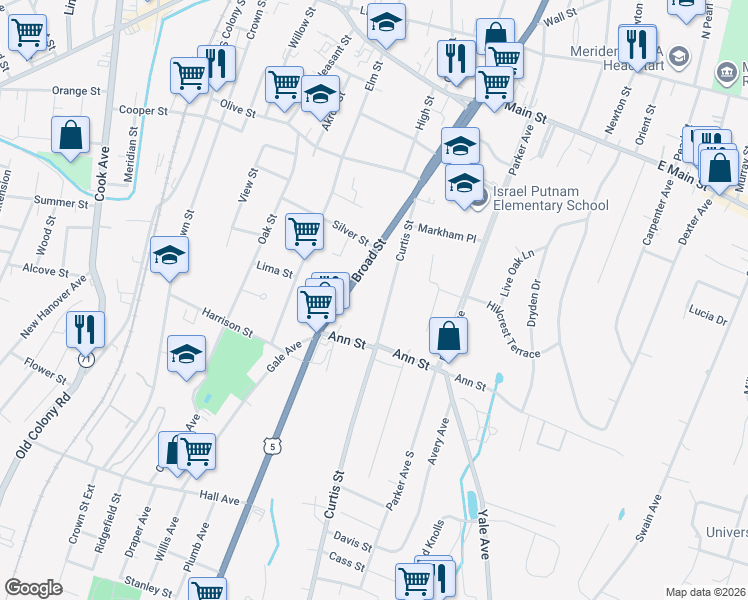 map of restaurants, bars, coffee shops, grocery stores, and more near 131 Curtis Street in Meriden