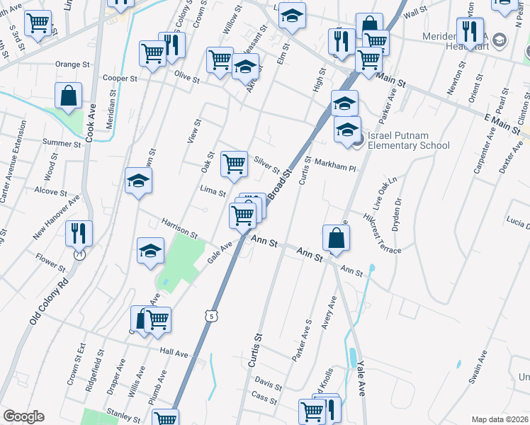 map of restaurants, bars, coffee shops, grocery stores, and more near 226 Broad Street in Meriden