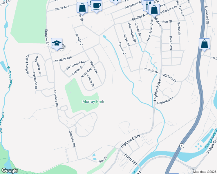 map of restaurants, bars, coffee shops, grocery stores, and more near 168 Lucille Avenue Exd in Waterbury