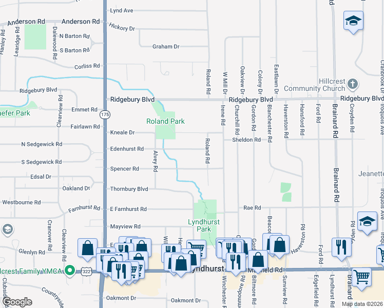 map of restaurants, bars, coffee shops, grocery stores, and more near 5252 Edenhurst Road in Lyndhurst