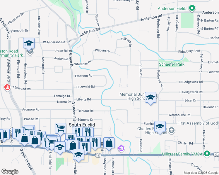 map of restaurants, bars, coffee shops, grocery stores, and more near 4586 East Berwald Road in South Euclid
