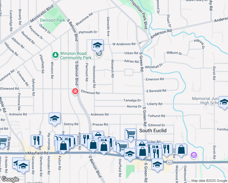 map of restaurants, bars, coffee shops, grocery stores, and more near 1179 Monarch Road in South Euclid
