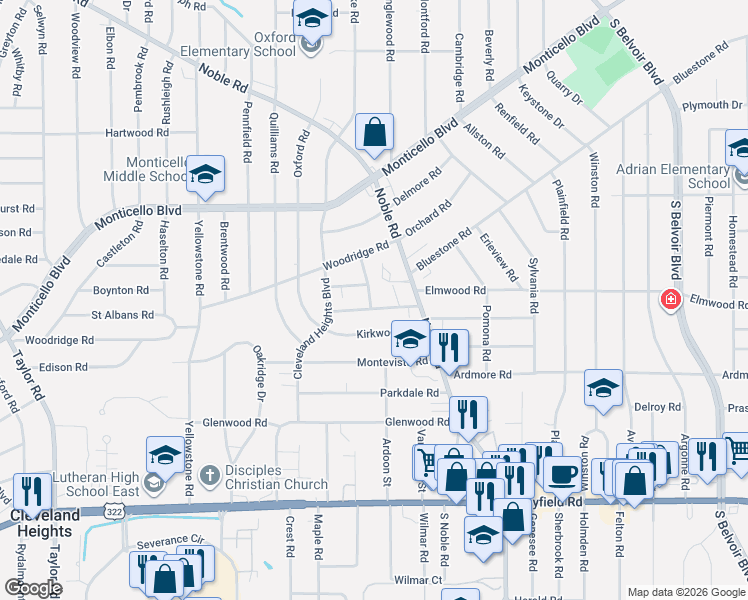 map of restaurants, bars, coffee shops, grocery stores, and more near 2734 Noble Road in Cleveland Heights